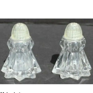Pair Vintage MCM Retro Clear Glass Starburst Table Top Salt N Pepper